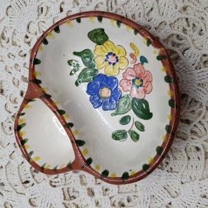 Vintage Olaria Paolo Quintas Divided Olive & Pit Dish Hand Painted Floral